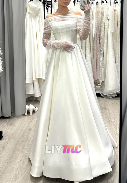 Off-Shoulder Long Sleeves Satin A-Line Simple Wedding Dress