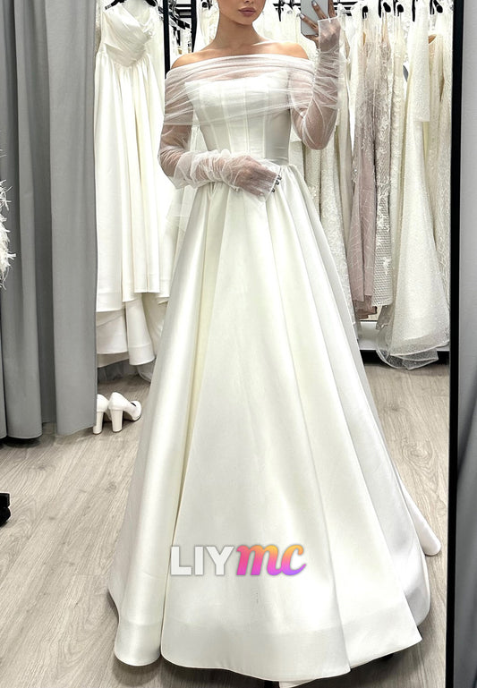 Off-Shoulder Long Sleeves Satin A-Line Simple Wedding Dress