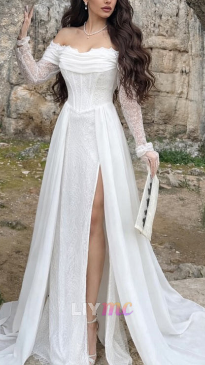 Off-Shoulder Long Sleeves Satin A-Line Wedding Dress