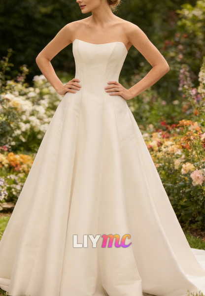 Off-Shoulder Long Sleeves Mikado Satin A-Line Wedding Dress