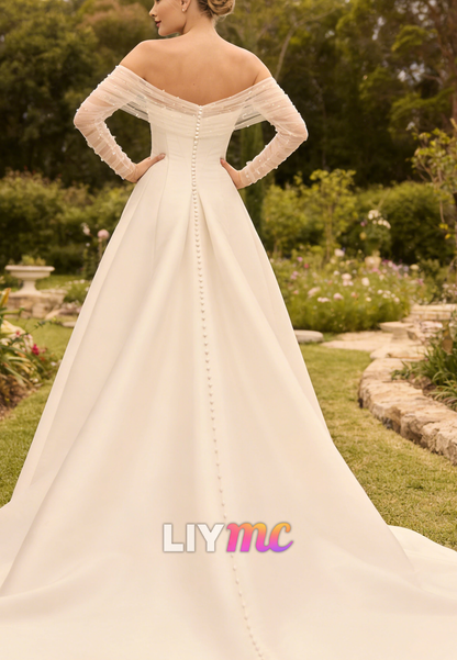 Off-Shoulder Long Sleeves Mikado Satin A-Line Wedding Dress
