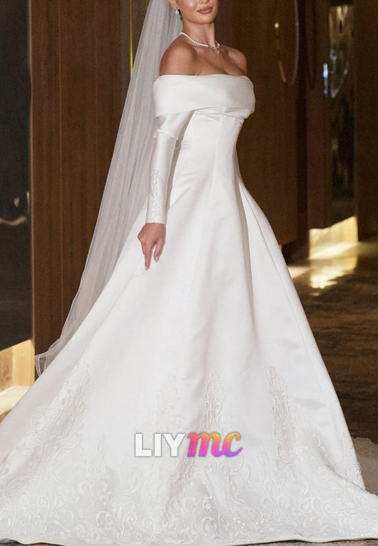 Off-Shoulder Long Sleeves Satin Appliques A-Line Wedding Dress