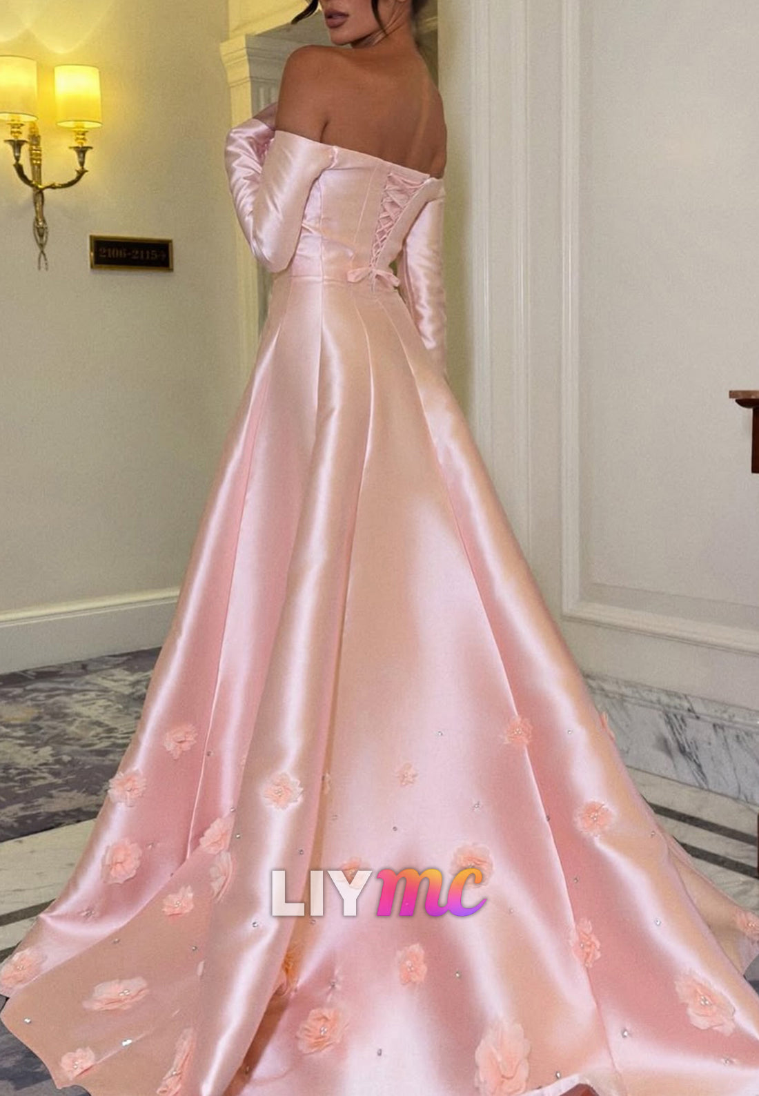 Off-Shoulder Long Sleeves Satin Floral Embellished A-Line Prom Dress