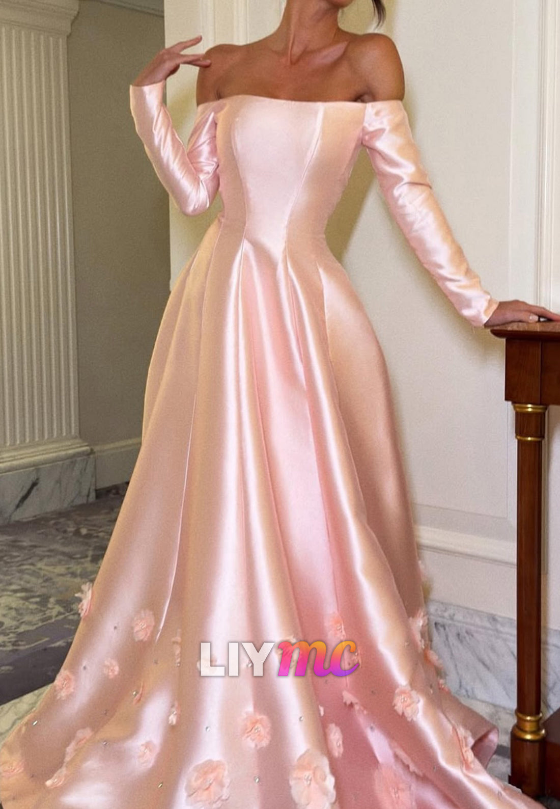 Off-Shoulder Long Sleeves Satin Floral Embellished A-Line Prom Dress