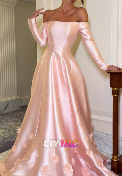 Off-Shoulder Long Sleeves Satin Floral Embellished A-Line Prom Dress
