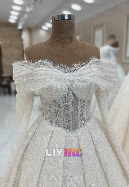 Off-Shoulder Long Sleeves Sequins Appliques A-Line Wedding Dress