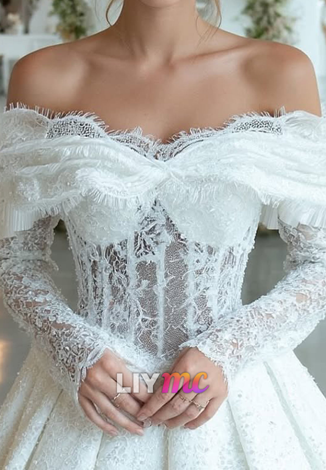 Off-Shoulder Long Sleeves Sequins Appliques A-Line Wedding Dress