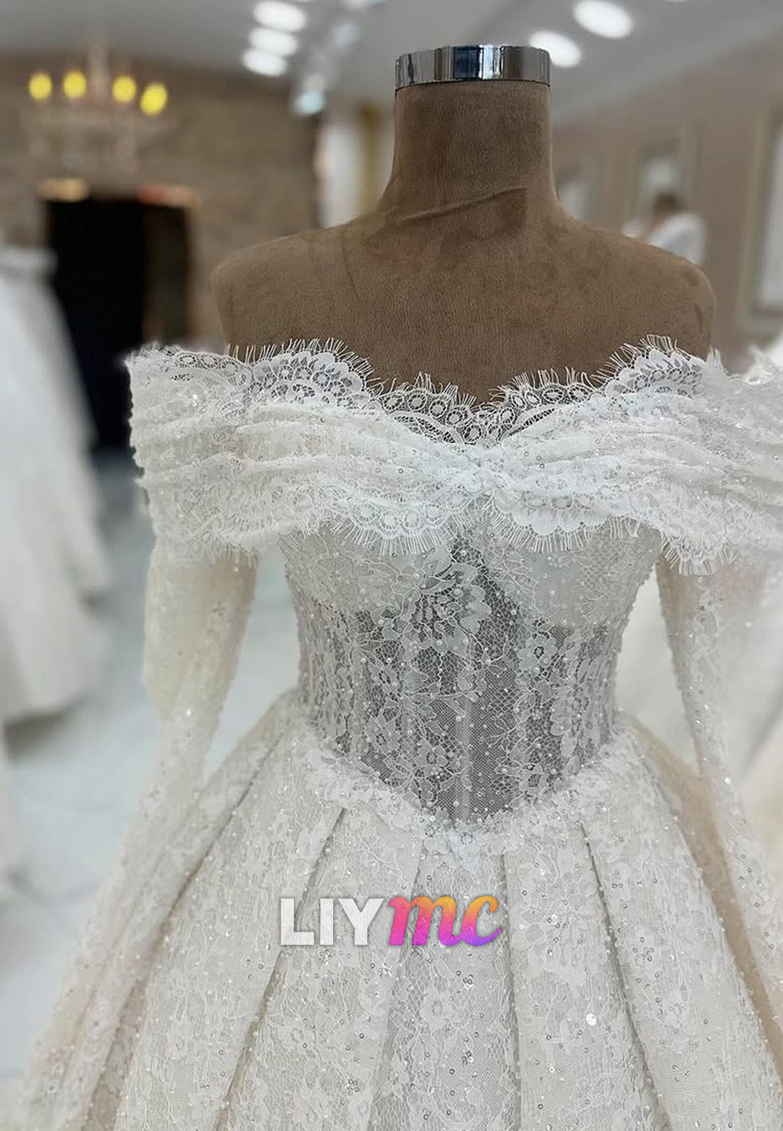 Off-Shoulder Long Sleeves Sequins Appliques A-Line Wedding Dress
