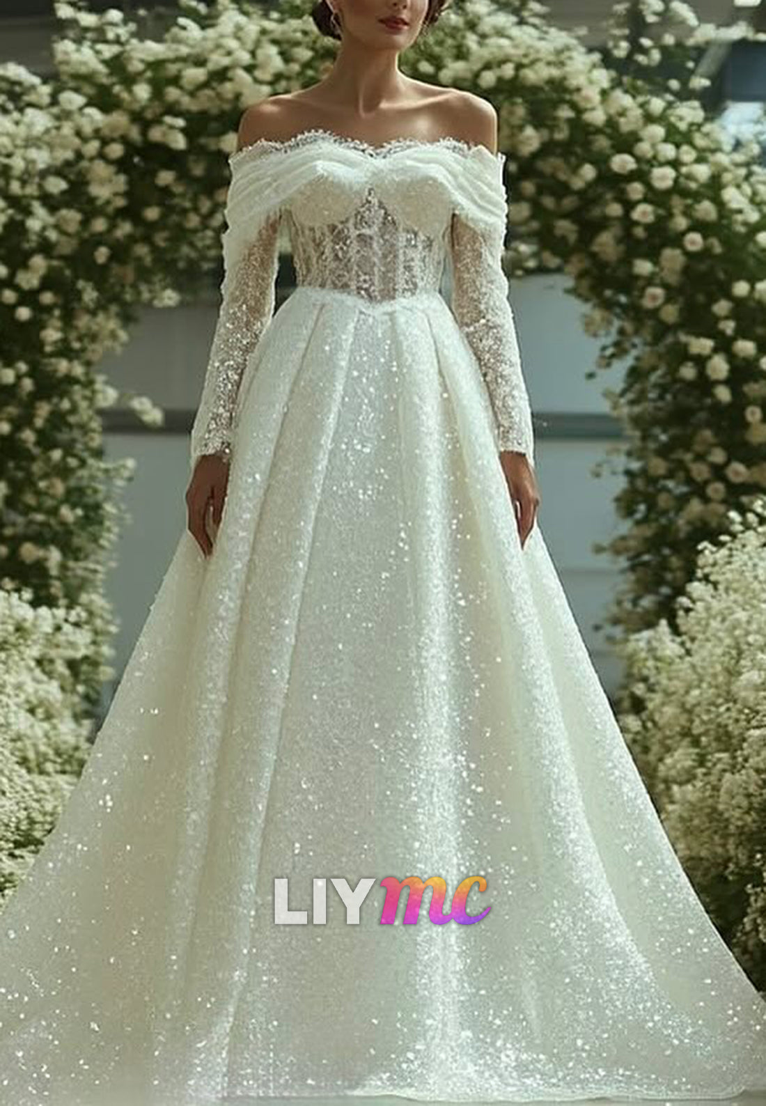 Off-Shoulder Long Sleeves Sequins Appliques A-Line Wedding Dress