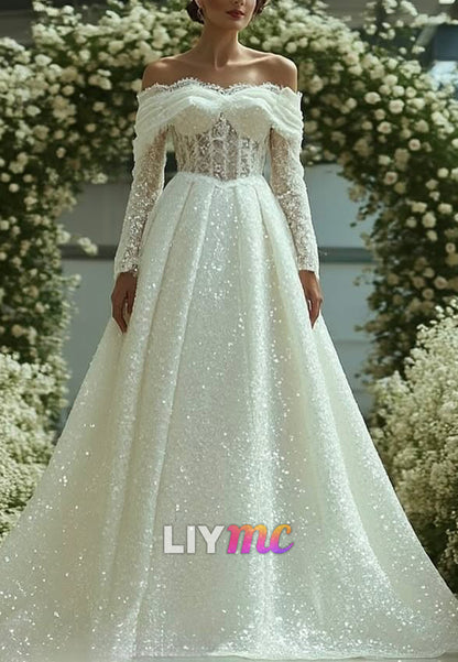 Off-Shoulder Long Sleeves Sequins Appliques A-Line Wedding Dress