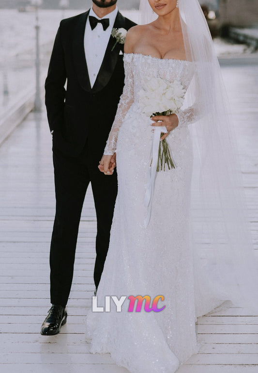 Off-Shoulder Long Sleeves Sequins Appliques Mermaid Wedding Dress