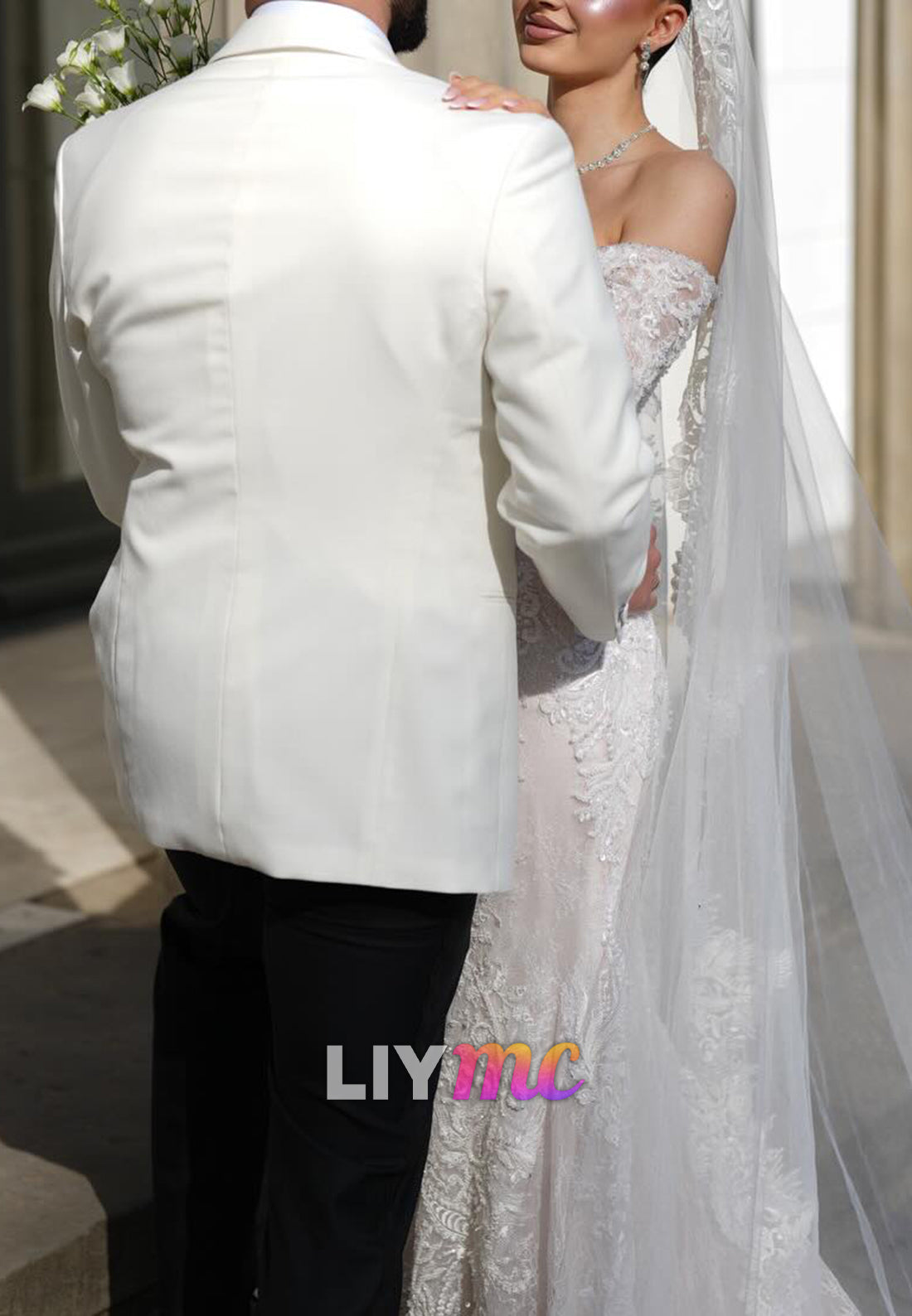 Off-Shoulder Long Sleeves Sequins Appliques Mermaid Wedding Dress