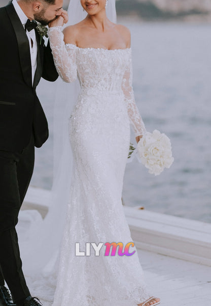 Off-Shoulder Long Sleeves Sequins Appliques Mermaid Wedding Dress