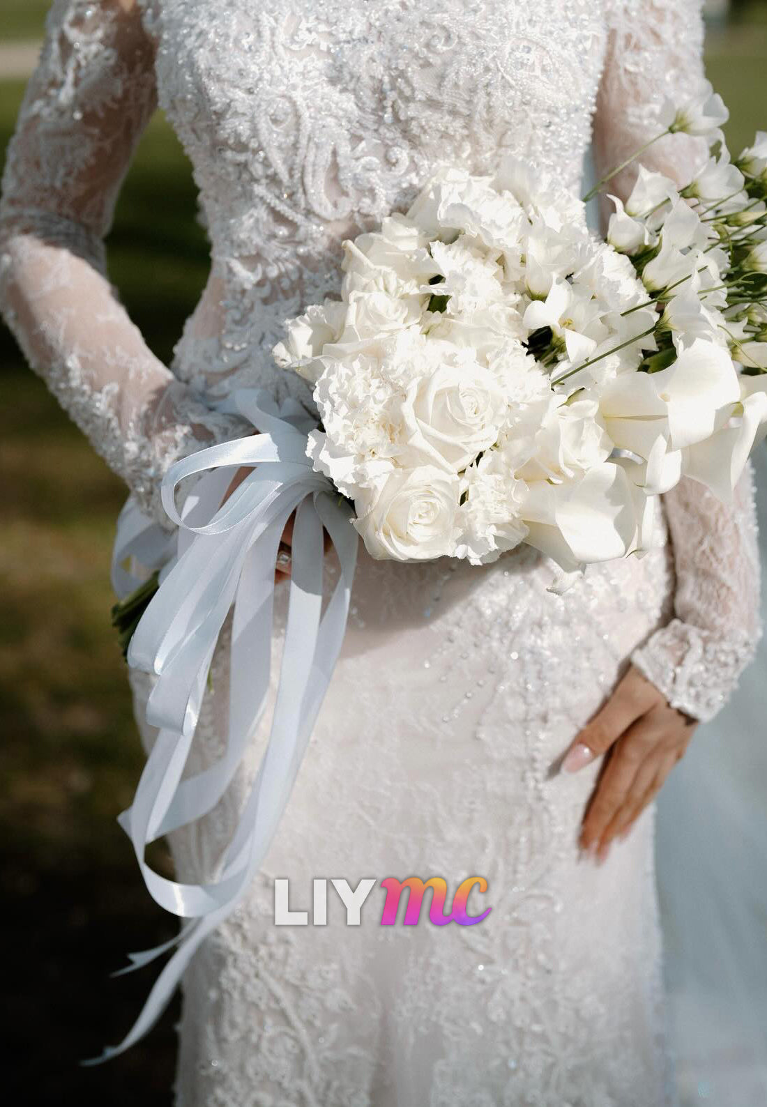 Off-Shoulder Long Sleeves Sequins Appliques Mermaid Wedding Dress