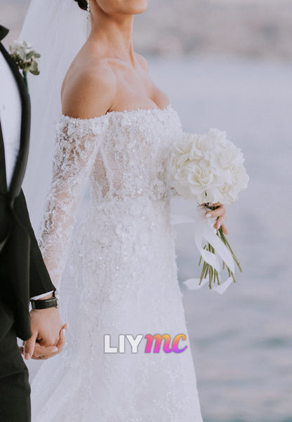 Off-Shoulder Long Sleeves Sequins Appliques Mermaid Wedding Dress