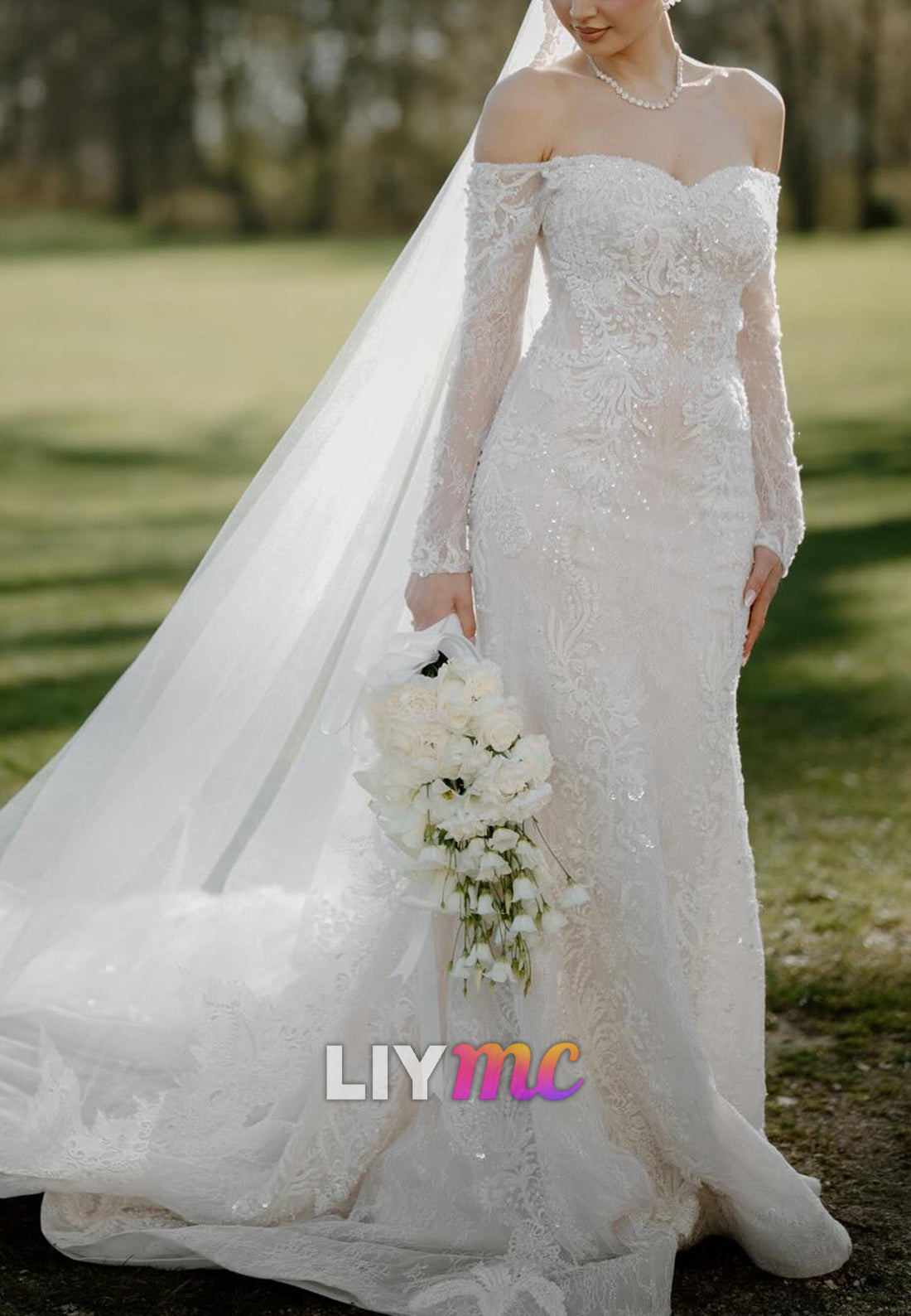 Off-Shoulder Long Sleeves Sequins Appliques Mermaid Wedding Dress