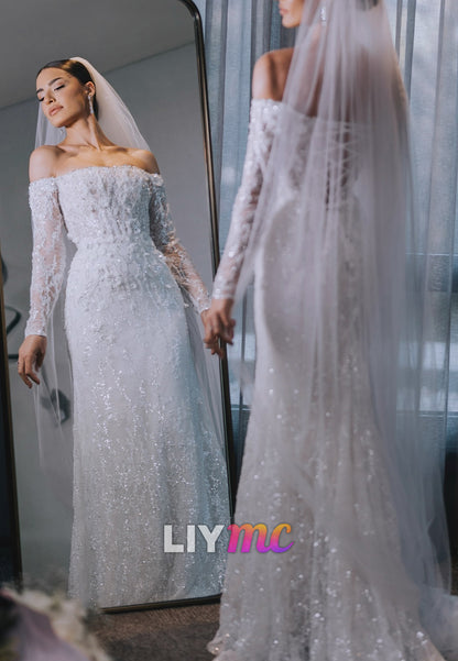 Off-Shoulder Long Sleeves Sequins Appliques Mermaid Wedding Dress