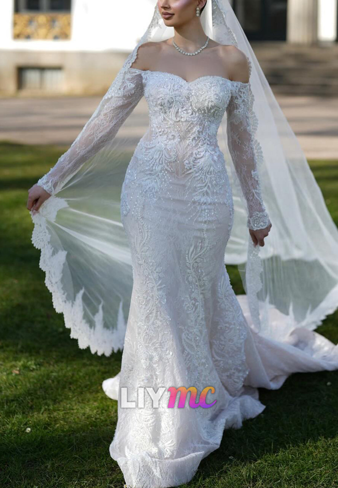 Off-Shoulder Long Sleeves Sequins Appliques Mermaid Wedding Dress
