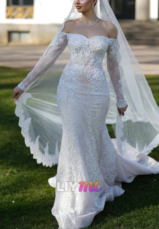 Off-Shoulder Long Sleeves Sequins Appliques Mermaid Wedding Dress