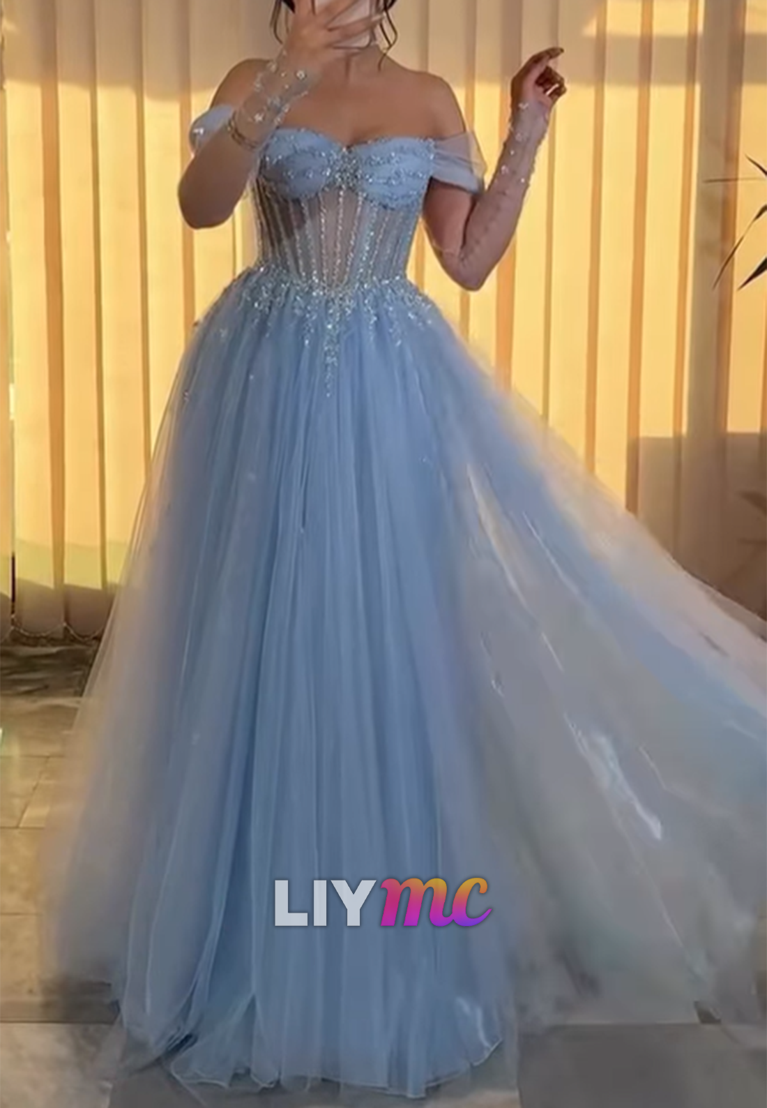 Off-Shoulder Long Sleeves Sequins Beaded A-Line Prom Dress