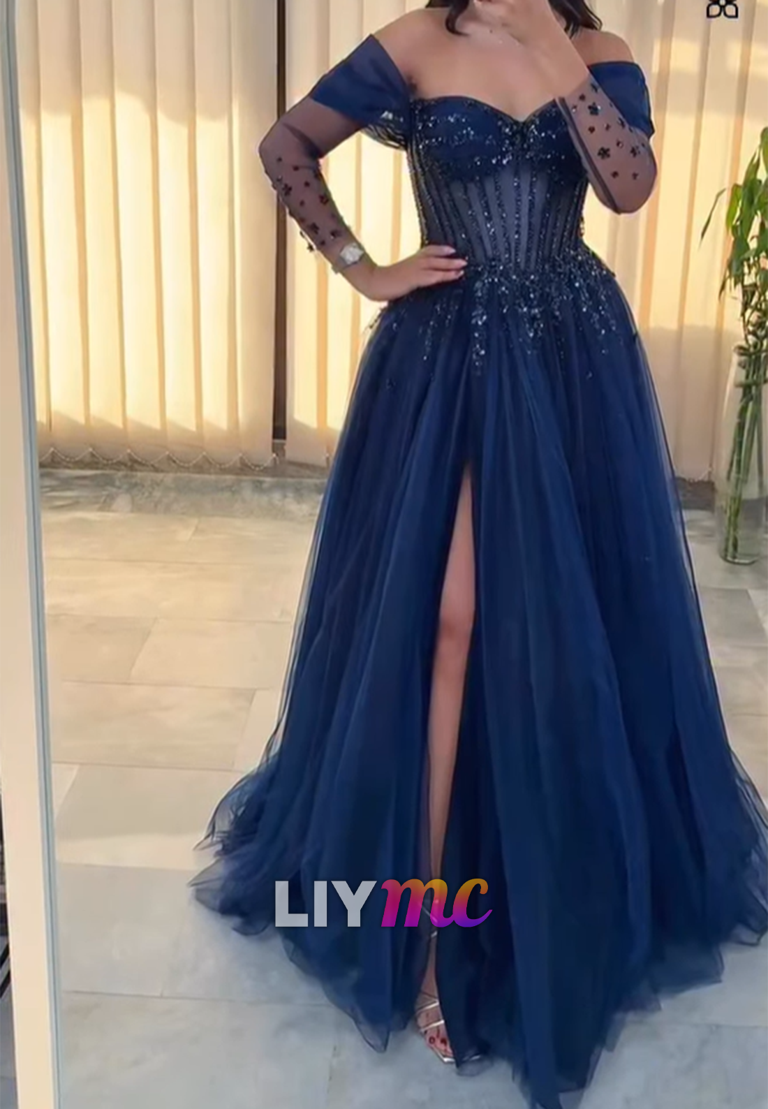 Off-Shoulder Long Sleeves Sequins Beaded A-Line Prom Dress