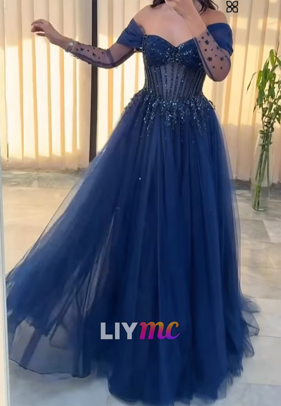 Off-Shoulder Long Sleeves Sequins Beaded A-Line Prom Dress