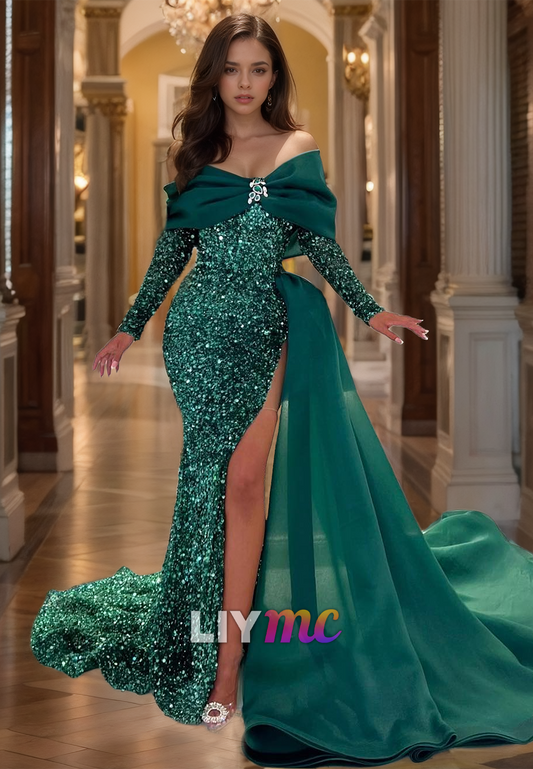 Off-Shoulder Long Sleeves Sequins High Slit Sparkly Mermaid Prom Dress