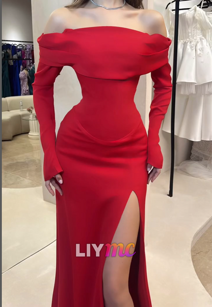 Off-Shoulder Long Sleeves Side Slit Sheath Prom Dress