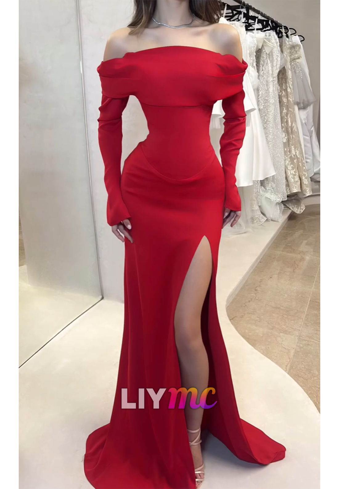 Off-Shoulder Long Sleeves Side Slit Sheath Prom Dress