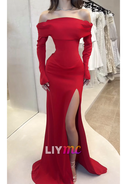 Off-Shoulder Long Sleeves Side Slit Sheath Prom Dress