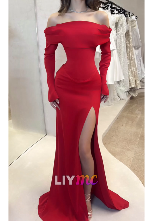 Off-Shoulder Long Sleeves Side Slit Sheath Prom Dress