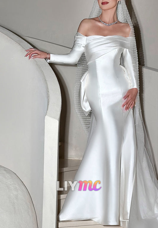 Off-Shoulder Long Sleeves Sleek Satin Mermaid Wedding Dress