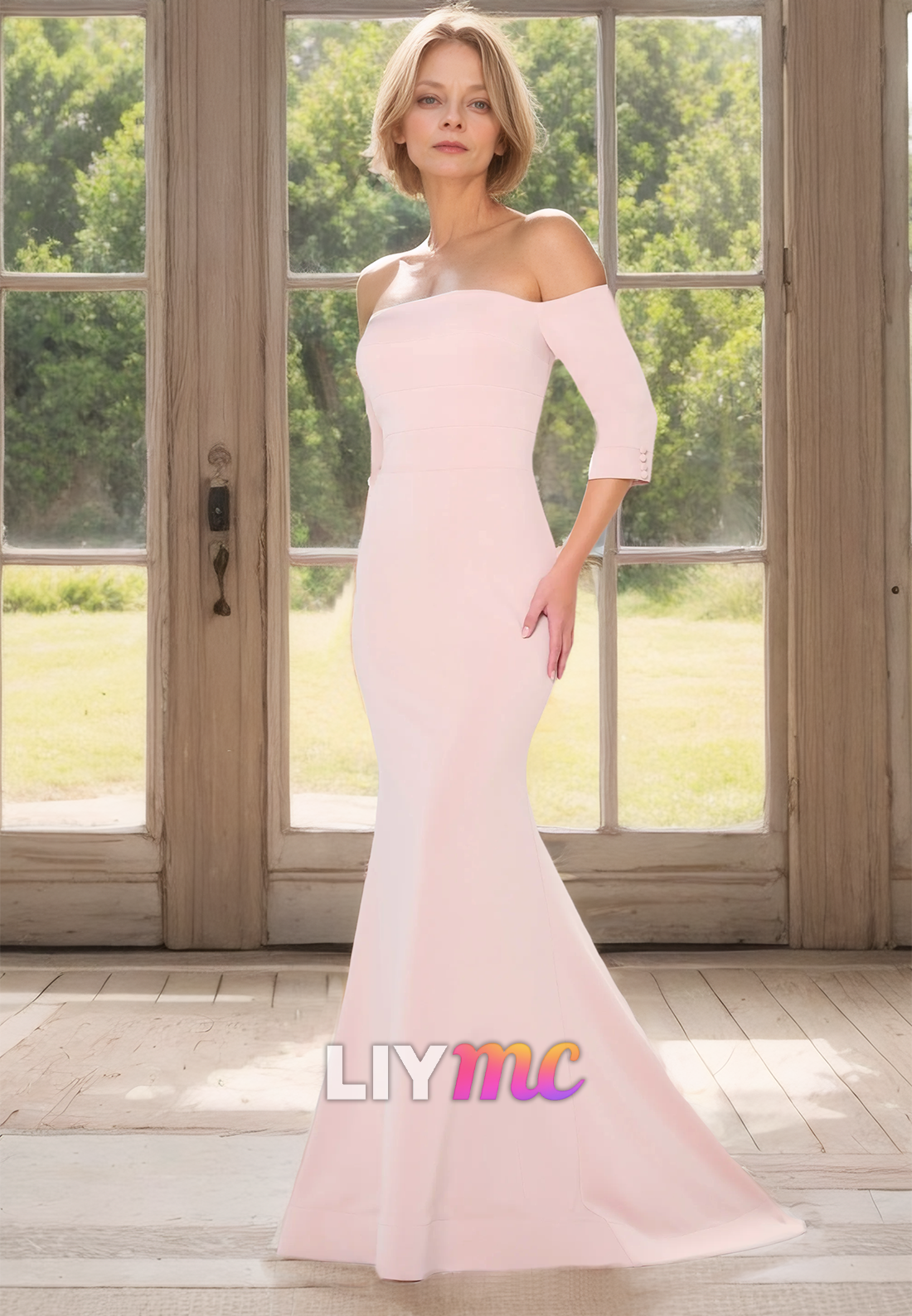 Off-Shoulder Long Sleeves Sleek Mermaid Mother of Bride Dress