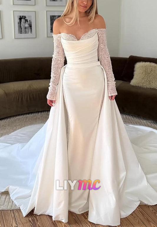 Off-Shoulder Long Sleeves Sleek Mermaid Wedding Dress