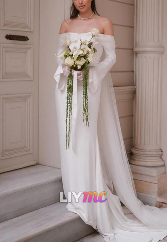 Off-Shoulder Long Sleeves Sleek Mermaid Wedding Dress