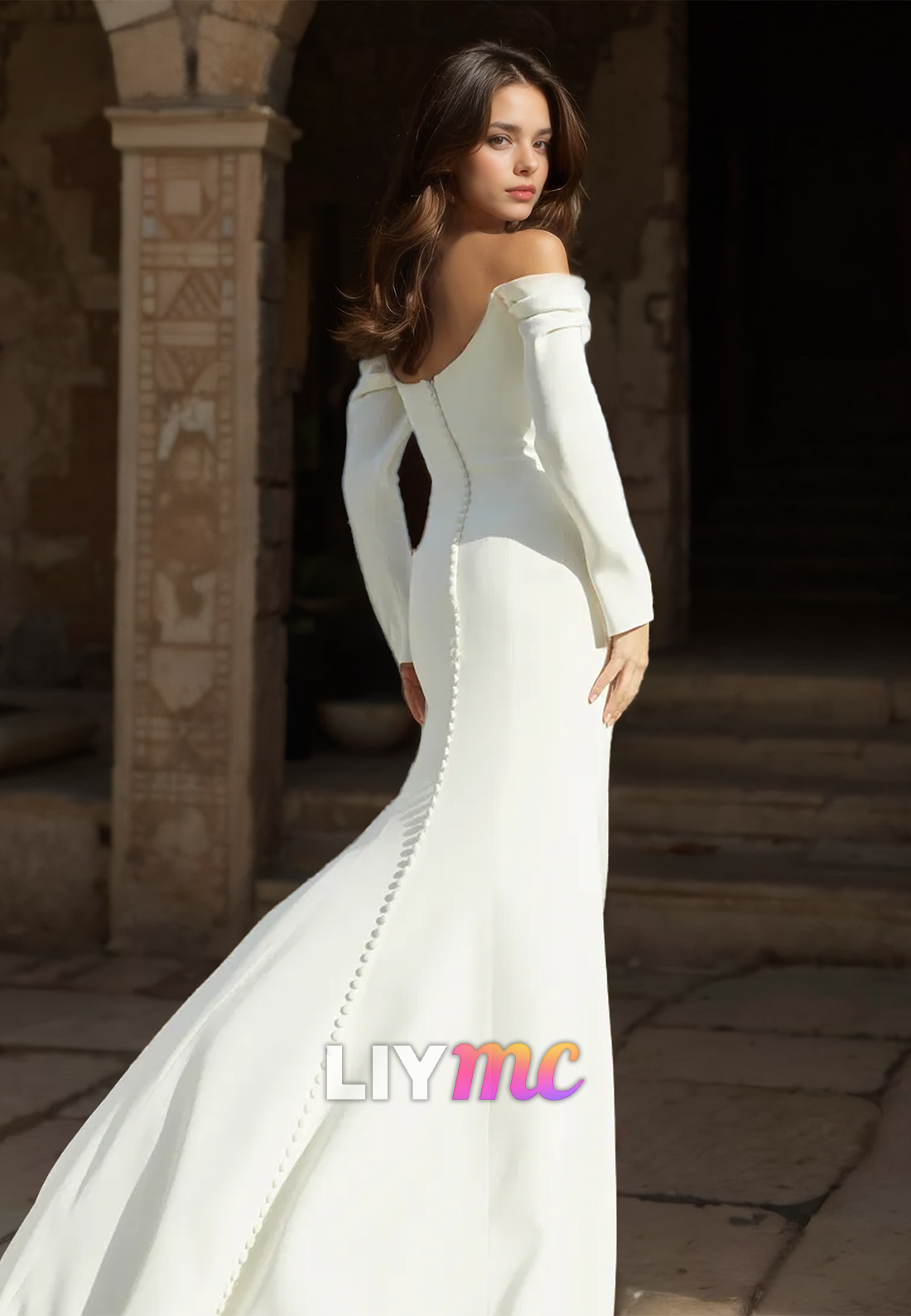 Off-Shoulder Long Sleeves Sleek Satin Mermaid Wedding Dress