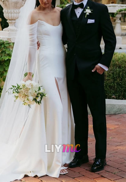 Off-Shoulder Long Sleeves Sleek Sheath Simple Wedding Dress