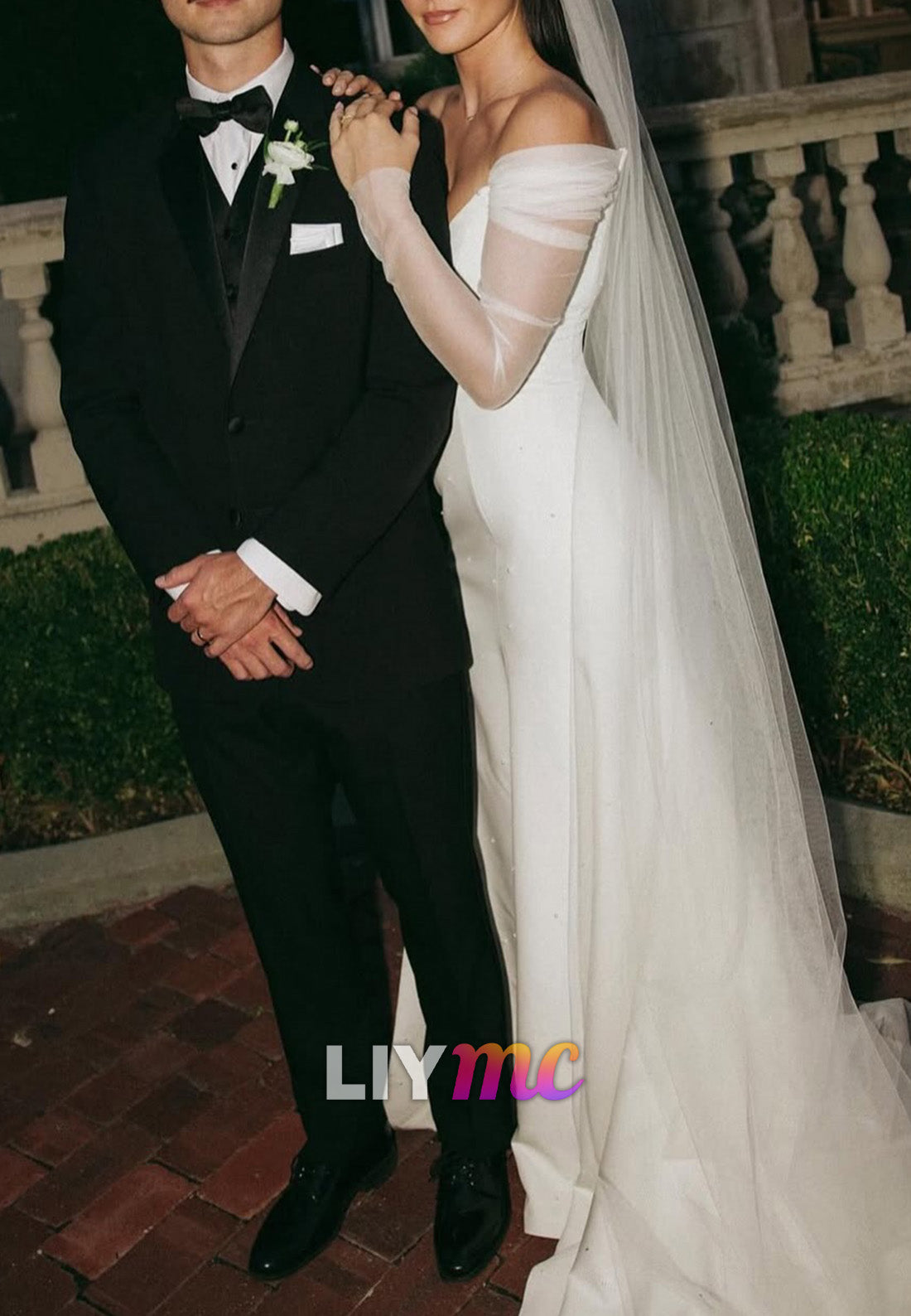 Off-Shoulder Long Sleeves Sleek Sheath Simple Wedding Dress
