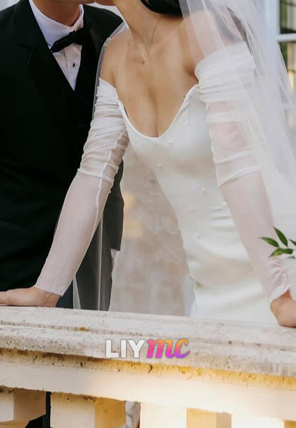 Off-Shoulder Long Sleeves Sleek Sheath Simple Wedding Dress