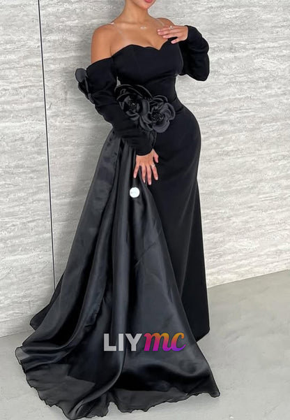 Off-Shoulder Long Sleeves Velvet Floral Mermaid Evening Dress