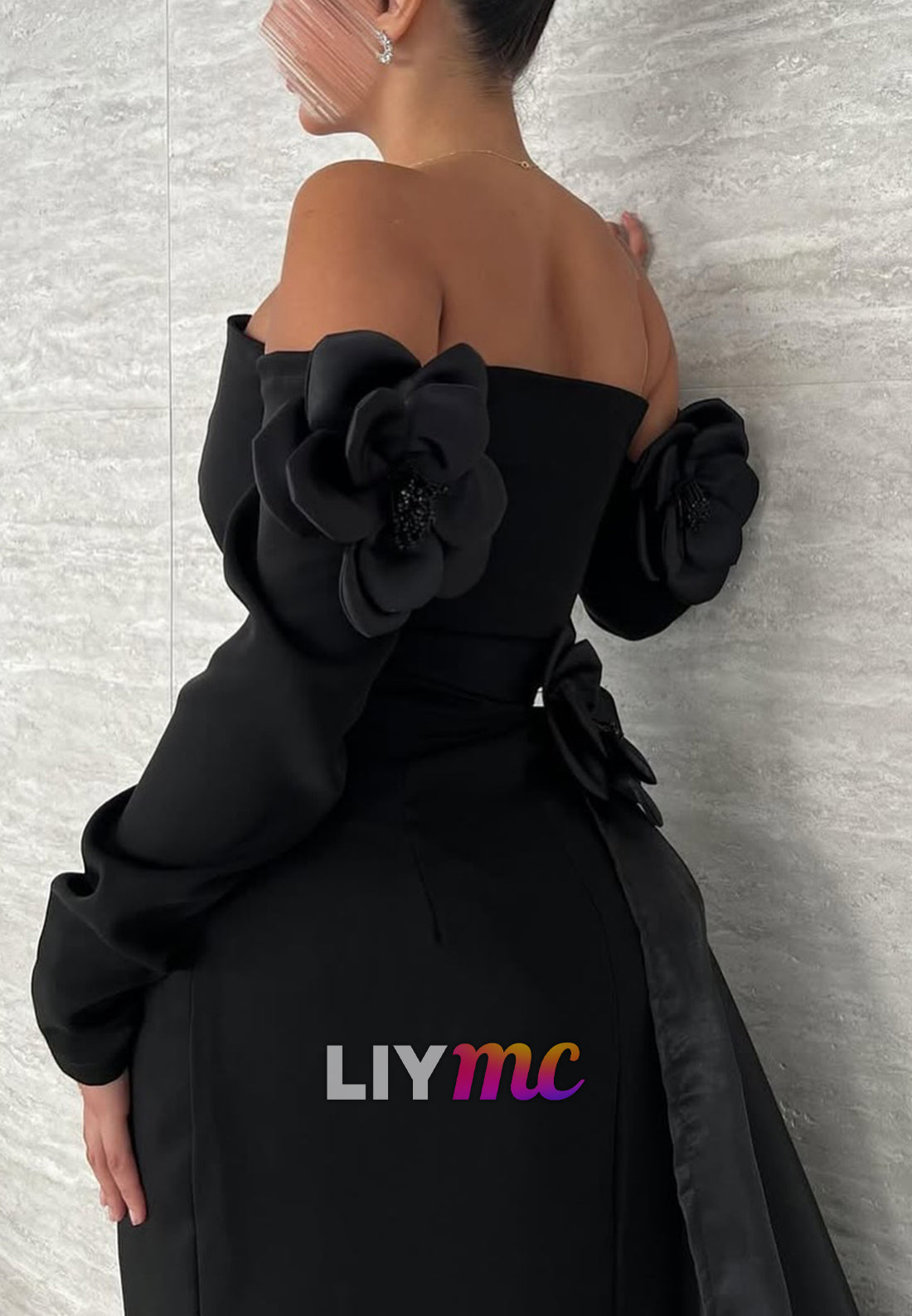 Off-Shoulder Long Sleeves Velvet Floral Mermaid Evening Dress