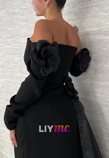 Off-Shoulder Long Sleeves Velvet Floral Mermaid Evening Dress
