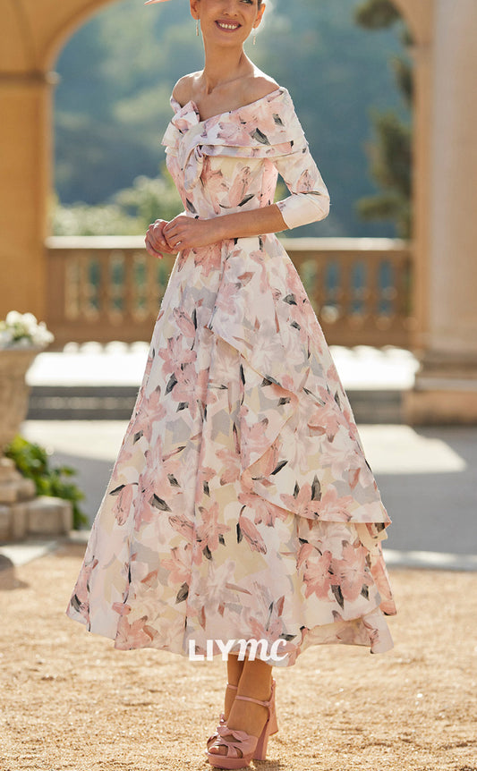 M1193 - Off-Shoulder Long Sleevs Floral A-Line Pleated Chiffon Mother of Bride Cocktail Dress