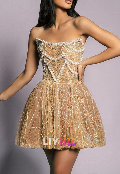 Off-Shoulder Pearl Beaded Embroidery Sparkly A-Line Party Homecoming Dress