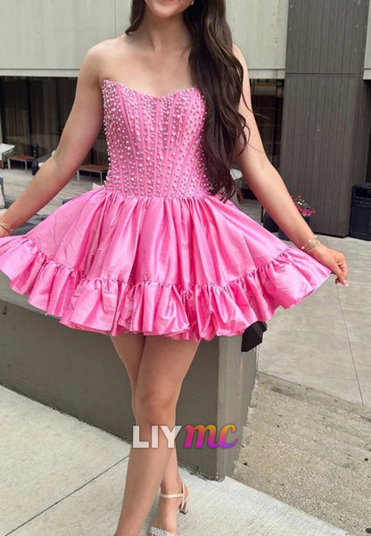 Off-Shoulder Pearl Pleated Sleeveless A-Line Party Homecoming Dress