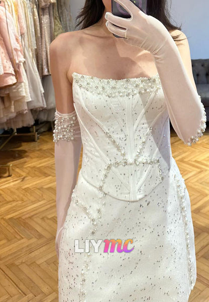 Off-Shoulder Pearl Sequins Two Piece Corset A-Line Short Wedding Dress