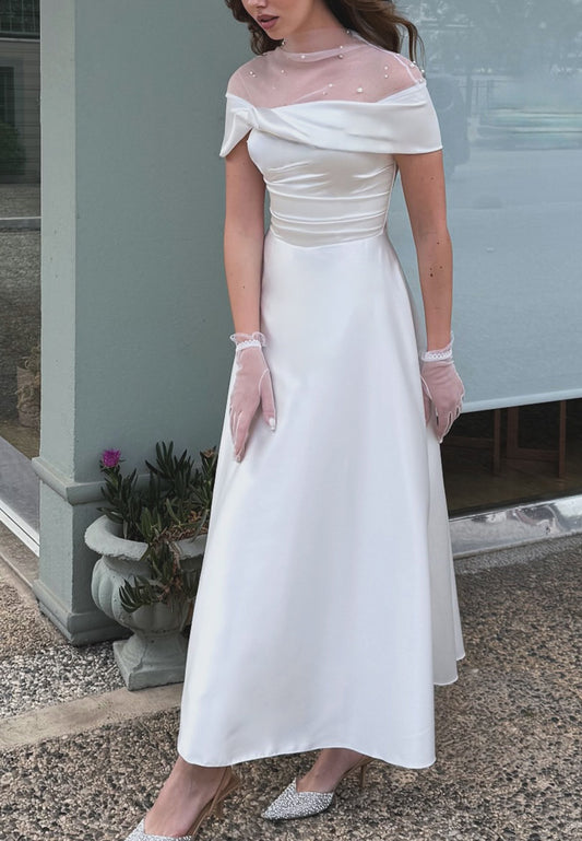 Off-Shoulder Pearl Sleek Pleated Midi A-Line Wedding Dress