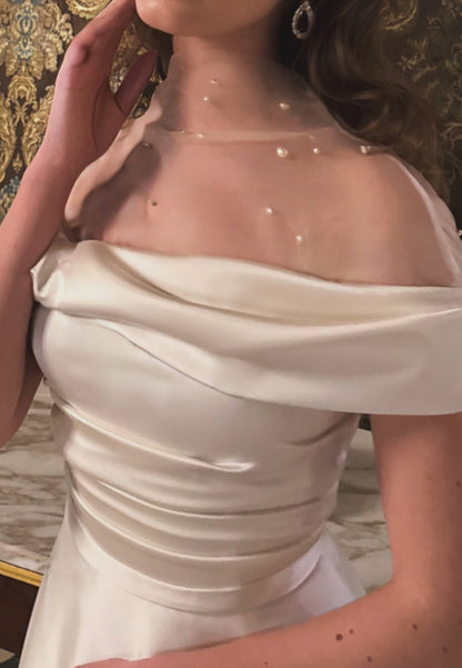 Off-Shoulder Pearl Sleek Pleated Midi A-Line Wedding Dress