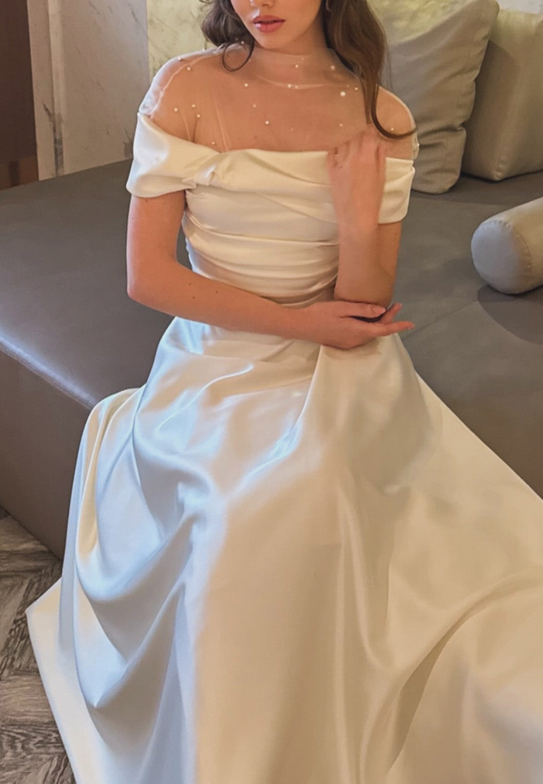 Off-Shoulder Pearl Sleek Pleated Midi A-Line Wedding Dress