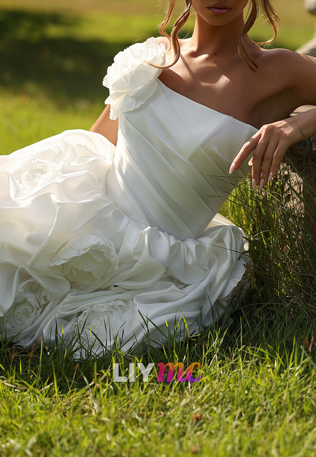 Off-Shoulder Pleated 3D Floral A-Line Short Wedding Dress